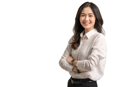 Beautiful smiling young asian business woman wear white shirt isolated on white background.Asian company worker standing businesswoman happy with successful business.