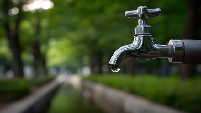 Shiny metal faucet water drop outdoor tap stainless steel dripping water blurred park background green foliage shallow depth of field chrome finish single spout dripping metal faucet over blurred