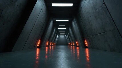 Futuristic corridor concrete corridor tunnel industrial hallway neon lighting reflective floor symmetry perspective moody cinematic dimensional concrete corridor with futuristic lighting
