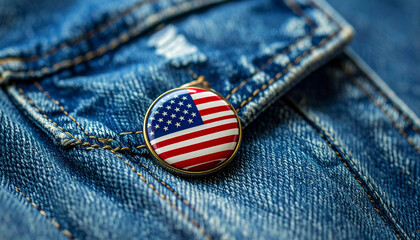 American flag pin button on blue denim jacket pocket