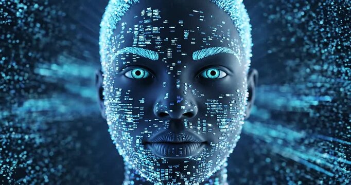Digital human face with code.