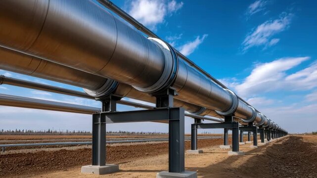 Large elevated stainless steel pipeline steel supports stretches across desert landscape blue sky conveying industrial energy infrastructure with sturdy support pylons and service walkway