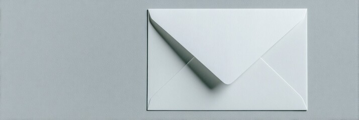 White blank greeting card and silver envelope on a clean gray background, modern wedding invitation design, top view with copy space, for business presentation or festive event