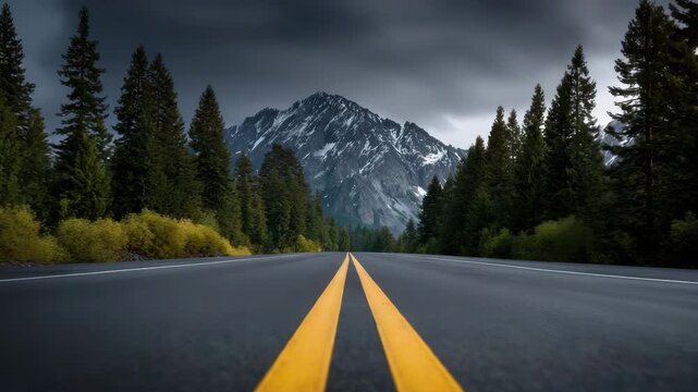 Road centerline mountain forest evergreen snow sky moody landscape travel road with yellow centerline leading toward snowcapped mountain framed by evergreen forest moody sky adventurous scenic travel