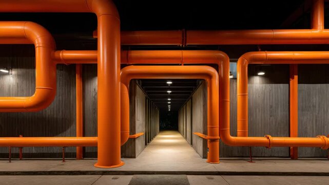 Bright orange industrial pipes frame symmetrical concrete walkway tunnel, illuminated corridor and lit passageway night with modern geometric architecture, bold symmetry, metal and wood textures
