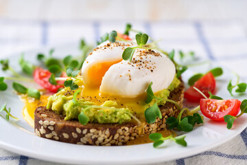 Toast with avocado and egg with cup of tea for healthy breakfast or snack. Sandwich with avocado and poached egg on a white table, selective focus.
