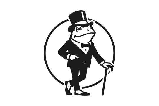 Vintage style frog mascot character wearing a top hat and suit.