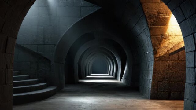 Ancient stone tunnel corridor with arched vaults and passage, dramatic light beams and shadow creating mysterious moody atmosphere, textured masonry stairs and warm accent lighting on archway