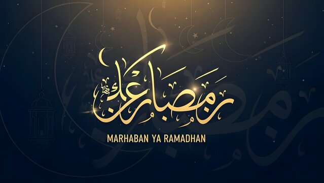 Elegant Islamic greeting card background for Ramadan. Featuring 3D golden Arabic calligraphy "Ramadan Kareem" and "Marhaban Ya Ramadhan" with glowing lanterns, stars, and crescent moon on dark blue ba