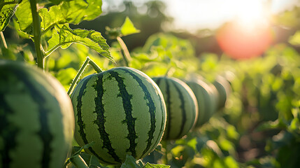 Row of watermelons growing on vine in open field at sunset