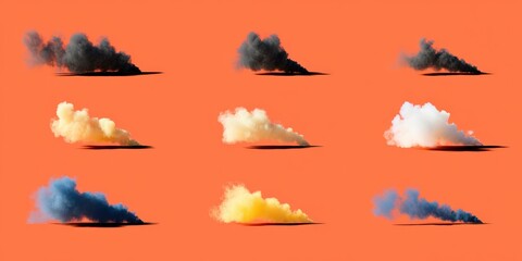 Collection of cartoon smoke clouds and comic effects on orange background, black silhouettes of steam and dust design for animation or game asset presentation