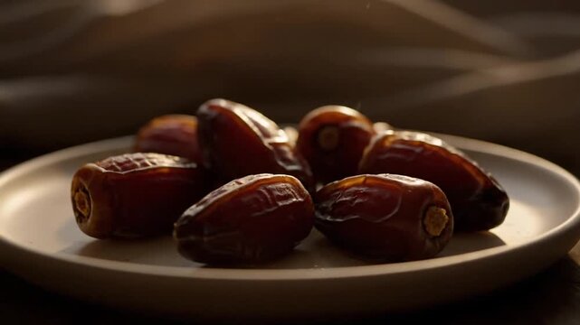 Close-up view of ripe dates arranged artfully on a plate under warm lighting