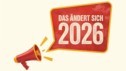 A striking red megaphone amplifies a significant announcement about changes coming in the year 2026 shown in a textured speech bubble graphic