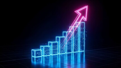 Futuristic 3D neon bar chart with glowing upward arrow