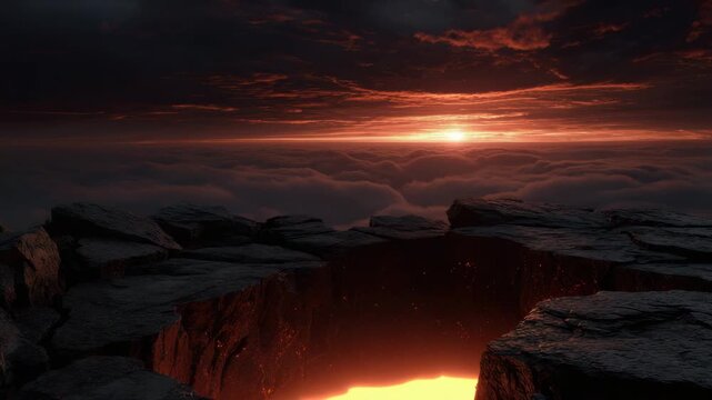 Cracking volcanic crater glowing with molten lava beneath dark rocky plateau dramatic red sunset above cloud sea fiery sunset over volcanic chasm with rugged basalt rock and glowing fissure