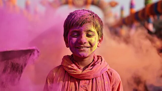 A joyful close-up captures a young indian boy smiling, covered in pink gulal during the happy holi festival.