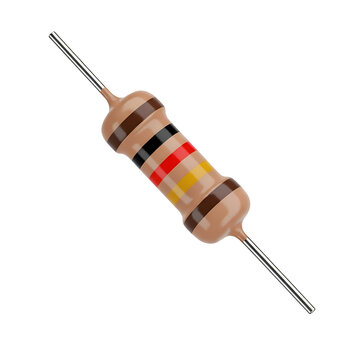 Axial lead through-hole resistor with color code bands isolated on a white background.