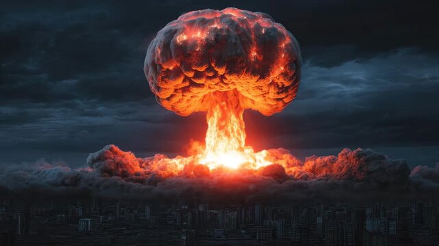 Glowing mushroom cloud over dark city skyline night, fiery explosion and billowing smoke creating dramatic apocalyptic destruction with glowing orange core, nuclear blast, fire, smoke, apocalyptic