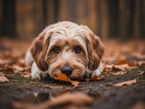 Adorable Havapoo Puppy Resting Amongst Autumn Leaves