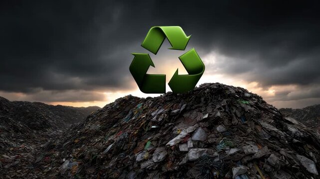 Green recycling symbol glowing above large landfill mound sunset stormy cloudy sky, recycle symbol landfill mound urging waste reduction and sustainable reuse, environmental concept of trash