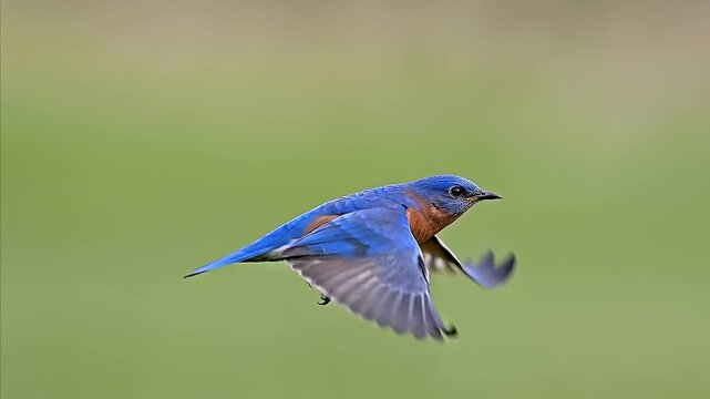 Eastern Bluebird in Graceful Side Profile Flight with Wings Spread Against a Green Background