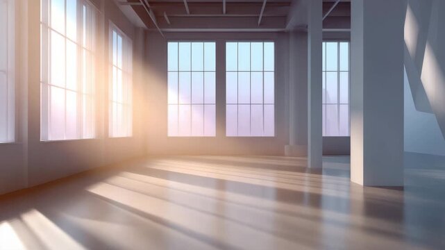 Sunlit empty loft interior with large industrial window and polished wooden floor, concrete column, open space empty room with soft morning light, sunlight and shadow creating warm long shadow