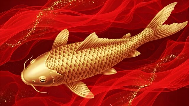 Golden Koi Fish in Red Abstract Water &ndash; Chinese New Year Prosperity Concept