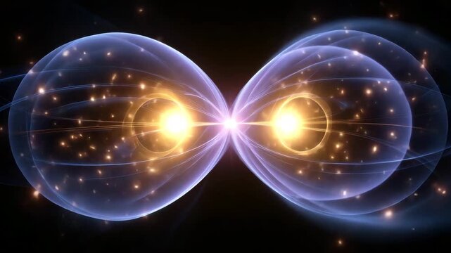 Golden twin lights inside translucent sphere glowing light twin light translucent sphere particle halo cosmic symmetry glowing core energy field luminous orb abstract space nebula effect glowing orb