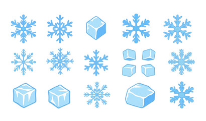 Cute snowflakes and ice pieces flat cartoon vector icon set isolated on transparent background © MdRoni