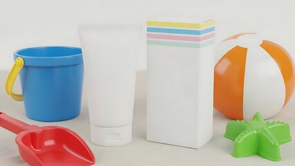 Collection of colorful beach toys for childrens summer fun and outdoor play.