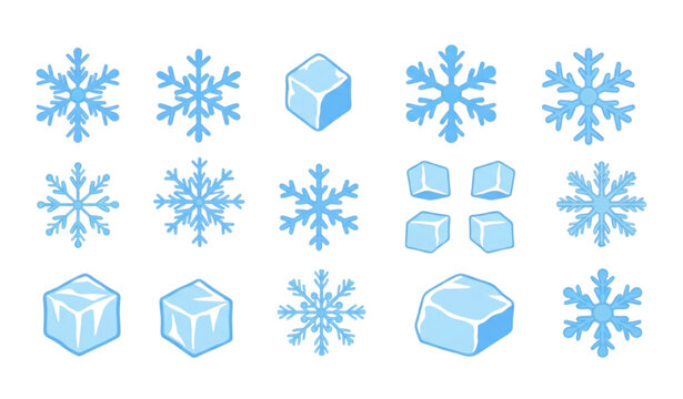 Cute snowflakes and ice pieces flat cartoon vector icon set isolated on transparent background