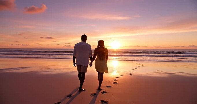 Couple walking on beach sunset.