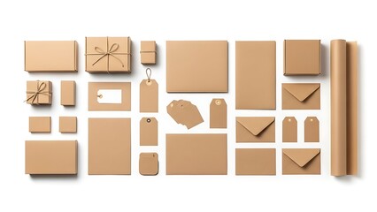 Collection of various brown cardboard packaging and shipping supplies arranged on a white background.