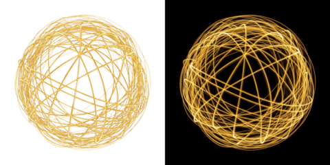 A digital illustration of two golden wireframe spheres against a black background 