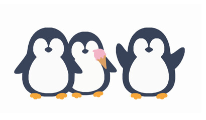 Naklejka premium Cute penguin cartoon vector set sleeping eating ice cream and waving wing on white background