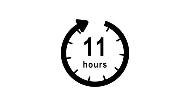 11 hours time clock animation with rotating arrow on white background. Minimalist clock progress indicator showing 11 hours.