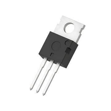 A single power transistor electronic component isolated on a white background.