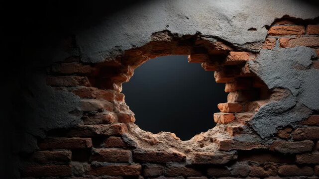 Hole old brick wall with plaster rubble and dramatic lighting, rough broken brick wall with large circular hole revealing dark void and textured crumbling mortar, old brick wall with large broken