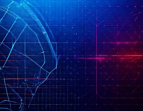 Digital abstract sphere composed of glowing blue and red grid lines against a dark background, representing global network connections and data flow - Powered by Adobe