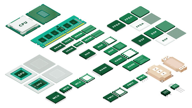 Isometric Semiconductor System Overview Illustrating CPU GPU Memory Logic IC Power Devices and Chip Layout Architecture for Industry Education