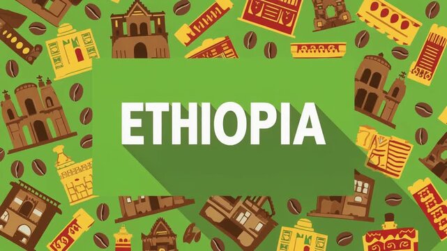 Lime green 2D flat vector pattern with ETHIOPIA bold text animation. Seamless loop featuring coffee beans and historical landmarks for African cultural themes.