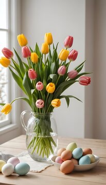 Minimalistische Osterdekoration mit pastellfarbenen Eiern und Tulpen bei nat&uuml;rlichem Fr&uuml;hlingslicht, vertikales Social Media Format