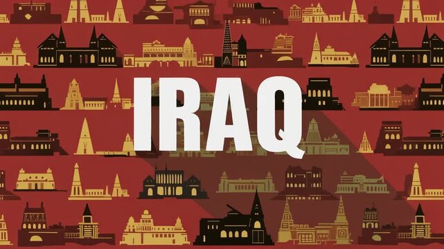 Brick red 2D flat vector pattern with IRAQ bold text animation. Seamless loop featuring ancient landmarks and historical architecture for Middle Eastern themes.