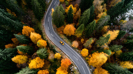 Aerial View of a Yellow Car on a Winding Autumn Forest Road