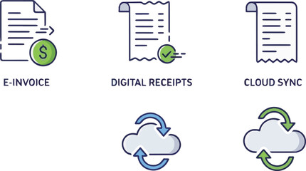 Essential vector icons for digital financial management, showcasing e-invoicing, digital receipts, and secure cloud data synchronization for streamlined business operations