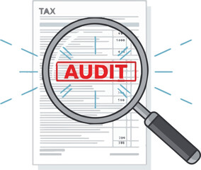 Detailed financial scrutiny represented by a magnifying glass over a tax document, highlighting the critical process of an audit for compliance and review