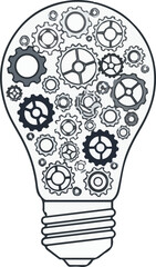 Conceptual lightbulb with internal gears symbolizing the intricate process of innovation, creative thinking, and problem-solving for generating new ideas