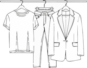 Line illustration of essential wardrobe pieces a t-shirt, jeans, and a blazer. Clothing hangs on hangers, depicting fashion, personal style, and everyday apparel