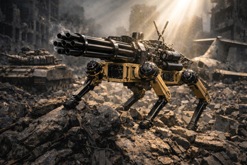 Robotic combat dog in destroyed city with sunlight beams