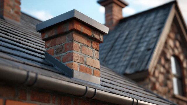 Red brick chimney slate roof with metal flashing and gutter rooftop. brick chimney sloped roof with metal flashing and gutter warm light subtle atmosphere highlighting texture and architecture